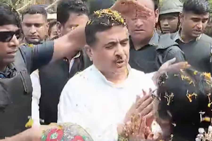 BJP leader Suvendu Adhikari arrived in Sandeshkhali in West Bengal's North 24 Parganas district on February 20 after getting permission from the Calcutta High Court.