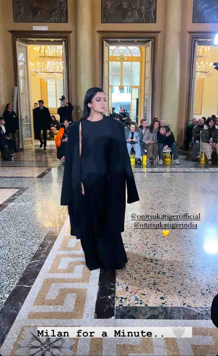 “Milan for a minute,” Rashmika wrote alongside a picture of her posing for the audience inside a hallway.