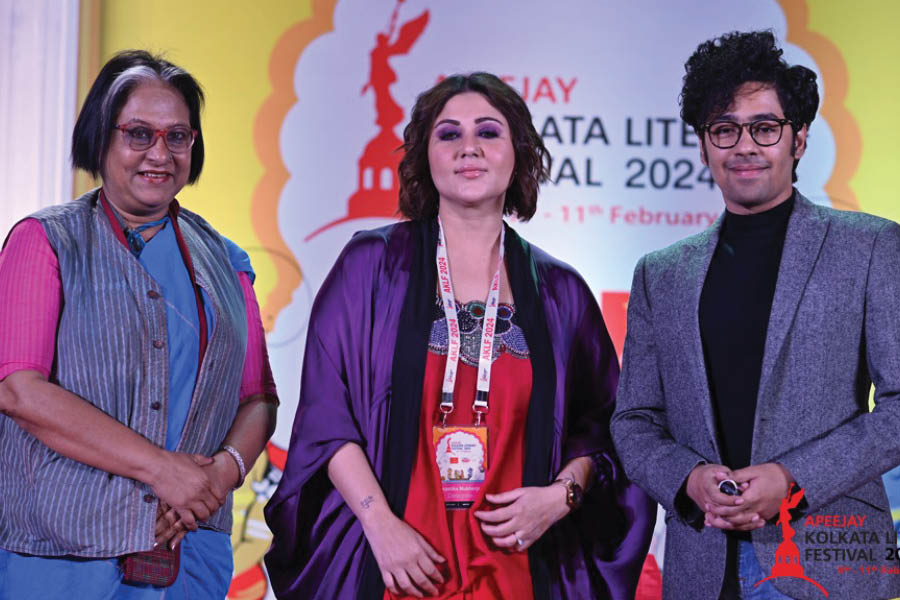 (L-R) Film director Sudeshna Roy, actress Swastika Mukherjee and actor Riddhi Sen at a panel discussion in AKLF 2024 in Kolkata