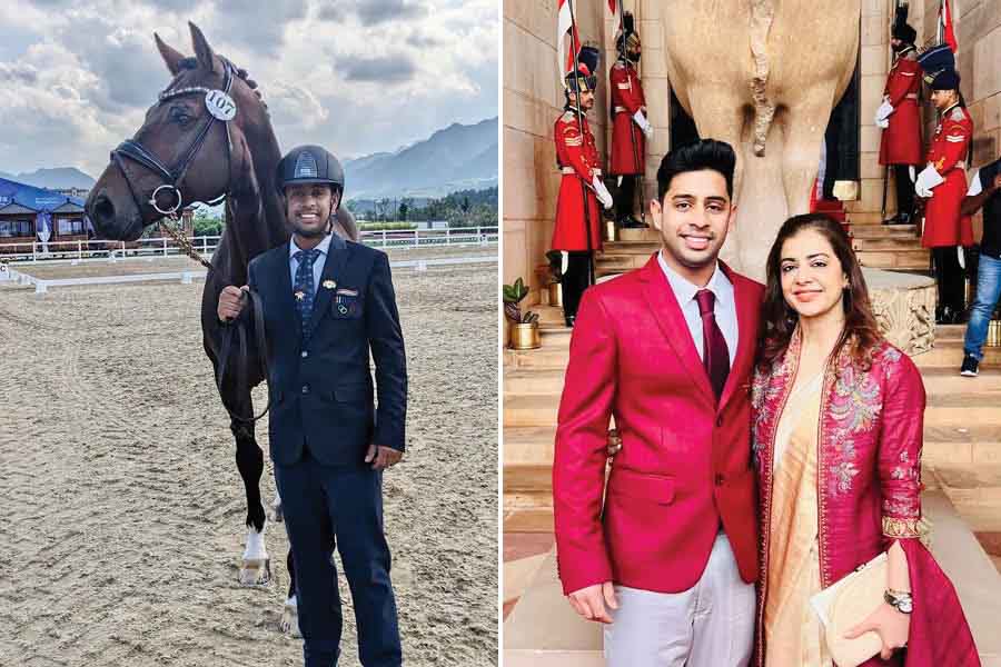 Anush with his horse, Etro, with whom he won at the Asian Games 2023, and (right) Anush and mother Priti Agarwalla at the ceremony for the Arjuna Awards 