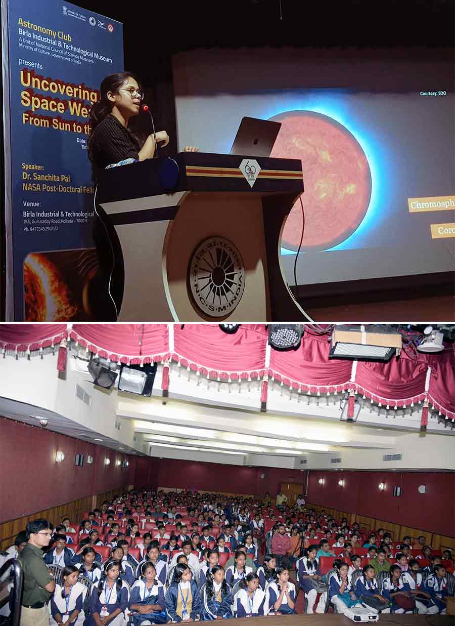 Delving on the process, current developments, and opportunities in space weather predictions, a popular talk ‘Uncovering Space Weather - From Sun to the Earth’, was delivered by Dr Sanchita Pal, NASA - National Aeronautics and Space Administration Post Doctoral Fellow, Heliospheric Science Division, NASA’s Goddard Space Flight Center on Thursday at Birla Industrial and Technological Museum. Over 250 students from Jagadish Bose National Science Talent Search-JBNSTS and Rabindra Balika Vidyalay attended the talk 