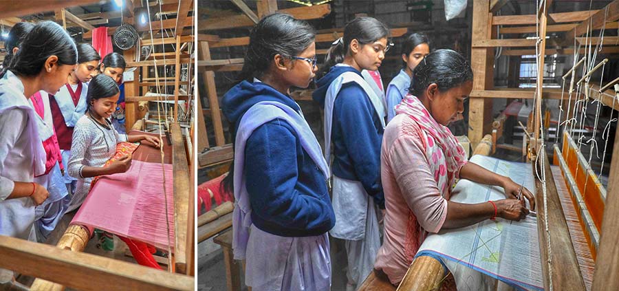 Students visit MANT (Tribal) weaving sari factory at Laulara, Purulia after the Higher Secondary examination on Thursday  