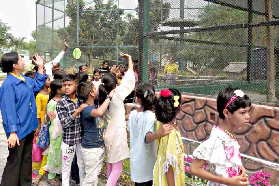 Young visitors accompanied by consul general Siriporn Tantipanyathep excited to spot a feathered inmate