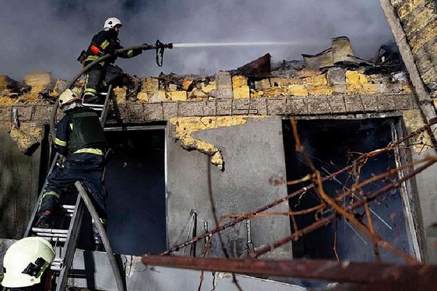 Firefighters worked to extinguish a blaze near the port area of Odesa, on Ukraine's Black Sea coast
