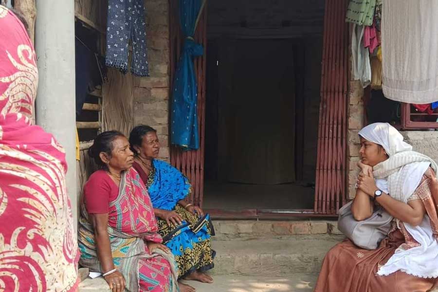 CPM youth leader Minakshi Mukherjee interacting with Sandeshkhali residents.