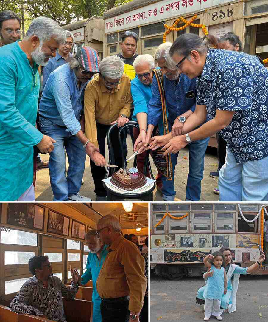 (Clockwise from top left) Mahadeb Shi, Samir Aich, Sanjay Mukherjee, Anindya Banerjee, Rudraprasad Sengupta and Surojeet Chattopadhyay cut a cake at the Gariahat tram depot to celebrate 151 years of operations of tramways in Kolkata;  a woman takes a selfie along with her kid and a decorated tramcar and film director Goutam Ghosh interacts with Sanjay Mukherjee inside a special tram showcasing photographs of Rabindranath Tagore England trip  