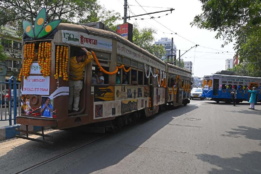 A wooden tram, introduced in the 1940s, leaves the Gariahat depot for Esplanade as part of the 151st anniversary celebrations on Sunday.