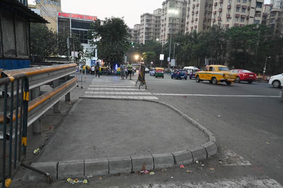 A pedestrian island being built at the Avishikta crossing on EM Bypass on Wednesday.