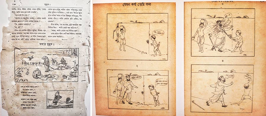 Benign Beginnings: ‘Jemon Kormo Temon Phol’ in Sandesh and ‘Mojar Muluk’ in Muluk were among the earliest Bengali comics. Comics created by Sukholata Rao published in ‘Sandesh’ around 1921 are considered to be the first of the genre in Bengali. Before this, ‘Mukul’ — a celebrated children’s magazine — had published a series of pictures accompanied by text and vice-versa in the last decade of the nineteenth century. The poem ‘Mojar Desh’ by Jogindranath Sarkar was named ‘Mojar Muluk’ and published in this format in ‘Mukul’ in 1898