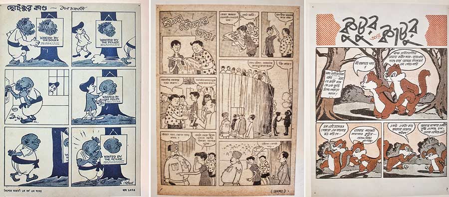 Gags, Giggle, Guffaw and Glee: ‘Handa Bhonda’ comics by Narayan Debnath were first published in Shuktara in 1962; ‘Kutur o Katur’ by Pratul Bandopadhyay published in Sharodiya Dev Sahitya Kutir in 1961 and ‘Chhotkur Kando’ by Saila Chakraborty published in Sharodiya Kishore Bharati in 1966. Many of the Bengali comics evoke unadulterated laughter. Narayan Debnath started creating characters like Handa Bhonda, Batul the Great, Nonte Phonte, Shukti Mutki, Bahadur Beral and others. Saila Chakraborty, Prafulla Lahiri and later Subir Roy also left a mark in this genre