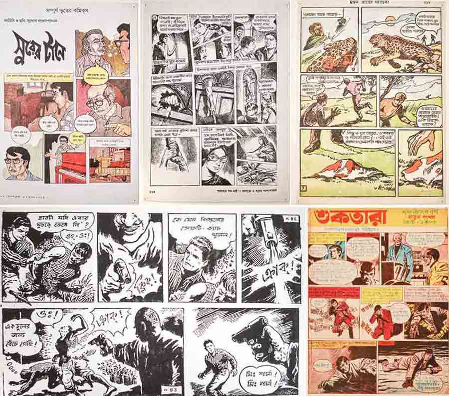 Murder, Mayhem and Menace: ‘Sarparajyer Dwipe’ by Narayan Debnath and ‘Nishit Raater Ahoban’ by Mayukh Chatterjee. Narayan Debnath, the master of this genre, created a distinctive visual language with his figures, expertly executed scenarios and breathtaking action. His style and format became a template for others like Mayukh Chowdhury. Artist Subrata Gangopadhyay also created comics in this genre. The trend continues with young artists adopting the time-tested formula with varying degrees of success
