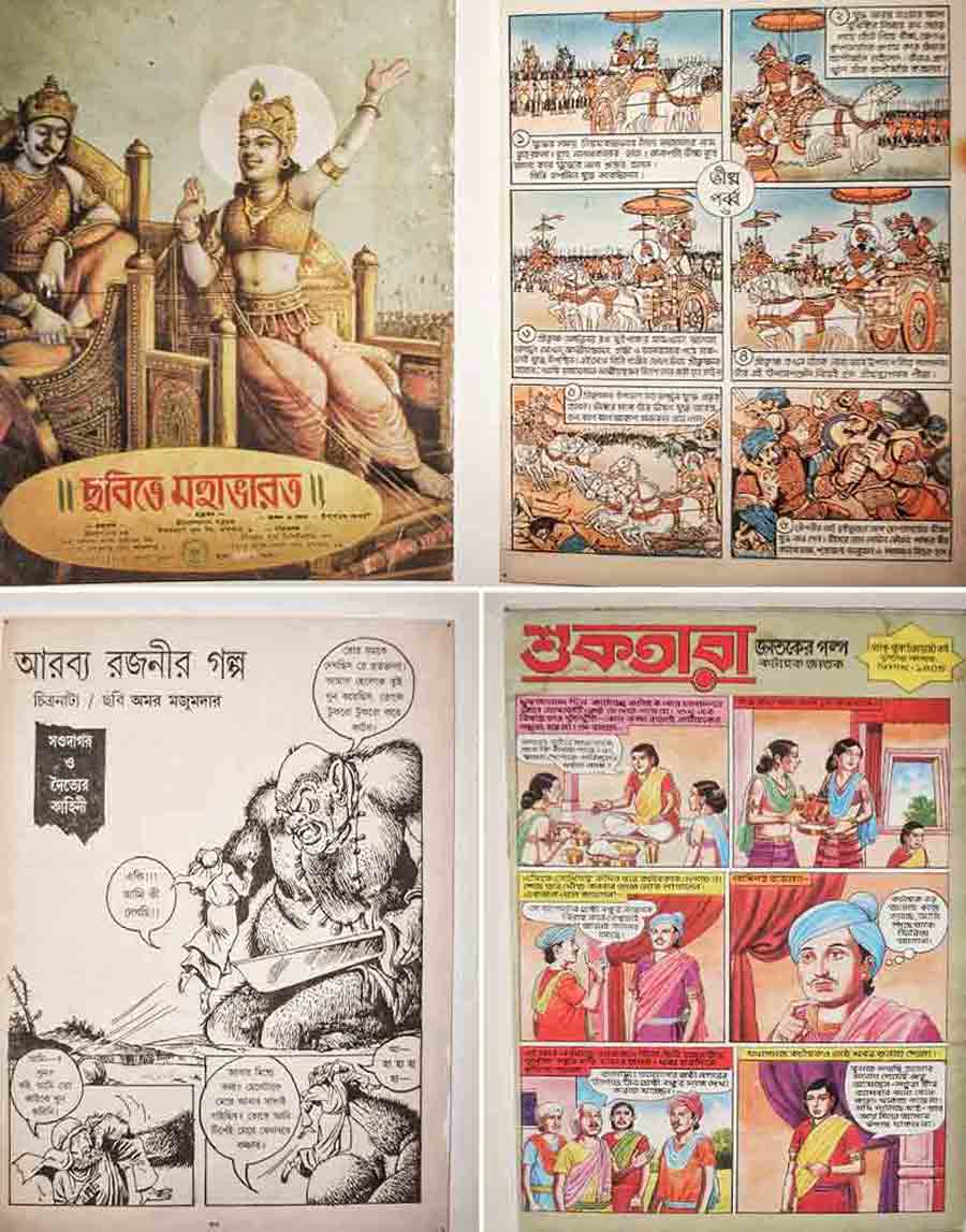Faith and Flights of Fancy: Stories based on religion, faith, intertwined with folktales and myths became a popular genre with ‘Chhobite Mahabharat, Chhobite Ramayan’ by Purna Chandra Chakraborty being great hits, Comics on Jataka Tales and Arobyo Rajani were also favourites