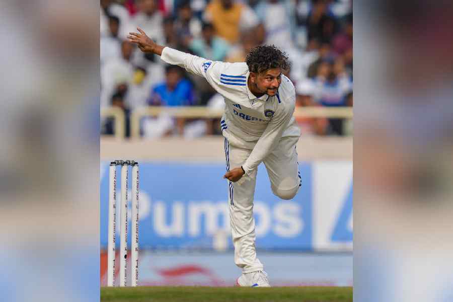 India's Kuldeep Yadav bowls a delivery during the third day of the fourth Test cricket match between India and England, at JSCA International Cricket Stadium, in Ranchi, Sunday, Feb. 25, 2024