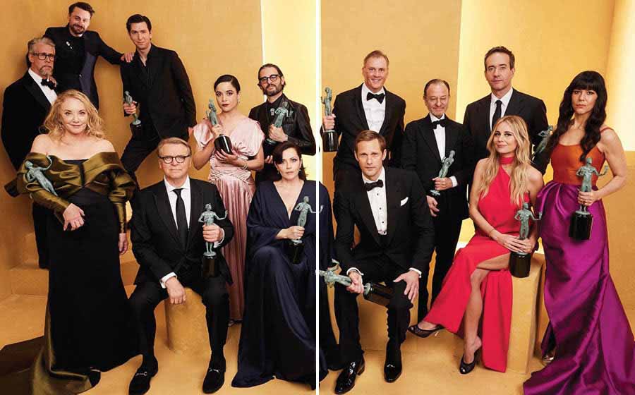The cast of the drama series Succession — including Jeremy Strong, Sarah Snook, Brian Cox, Kieran Culkin and Matthew Macfayden — posed for the lens. The team won the award for Best Ensemble at the event.