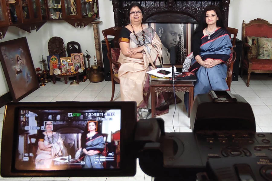 A behind the scenes look at a Moksha Talks session, with Shampa Mukherji (left) as host