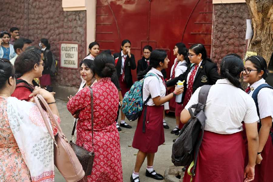 ISC examinees and guardians outside Calcutta Girls School on Monday.