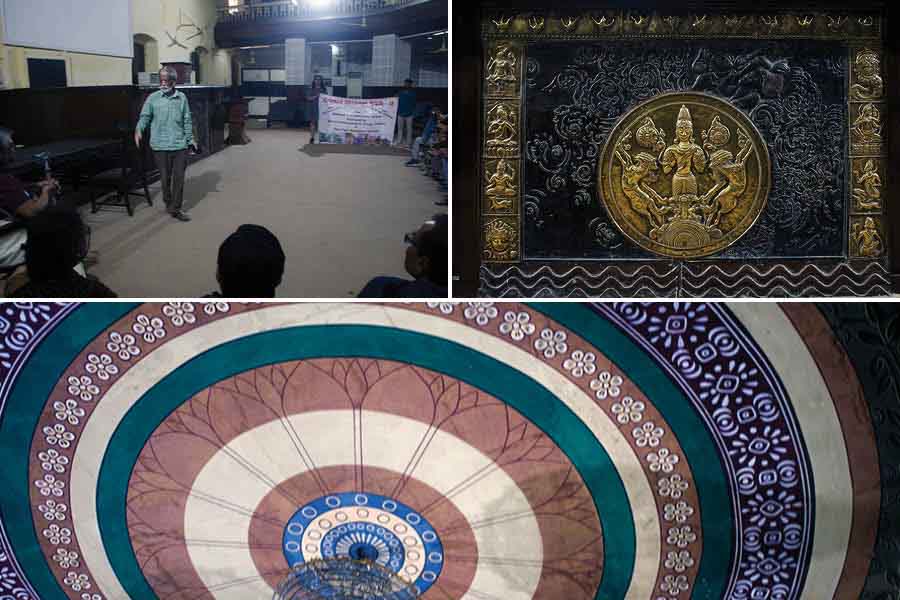 (Clockwise from top left) Mentor Gautam Bose briefs the participants inside the auditorium of Basu Bigyan Mandir; intricate metal work on the podium of the auditorium at the historical landmark and colourful fresco on the ceiling of the auditorium