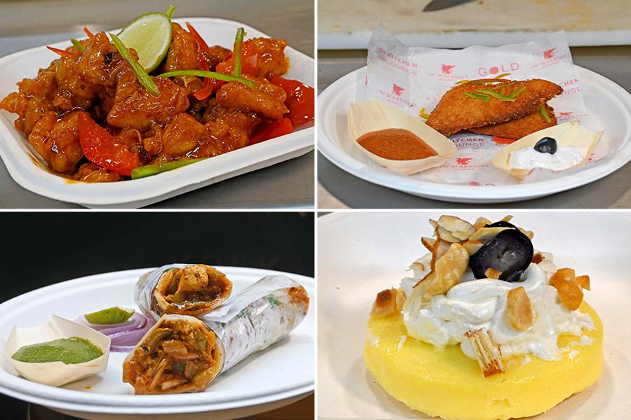 The menu has nine curated dishes including (clockwise from top left) Tangra Style Chilli Chicken, Crumb Fried Fish, Blueberry Cheese Cake, and Paneer Kathi Roll