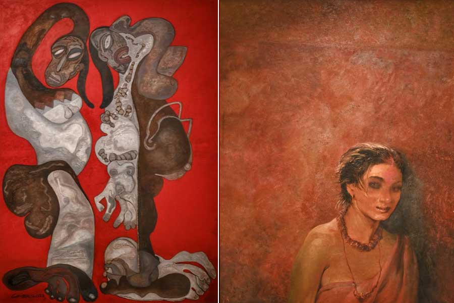 The moment you enter the CIMA Gallery for Phase two of the ‘12 Masters’ exhibition, you are met with (left) art by Jaya Ganguly that leaves a deep though disturbing impact, and (right) works by Bikash Bhattacharjee that exude innocence