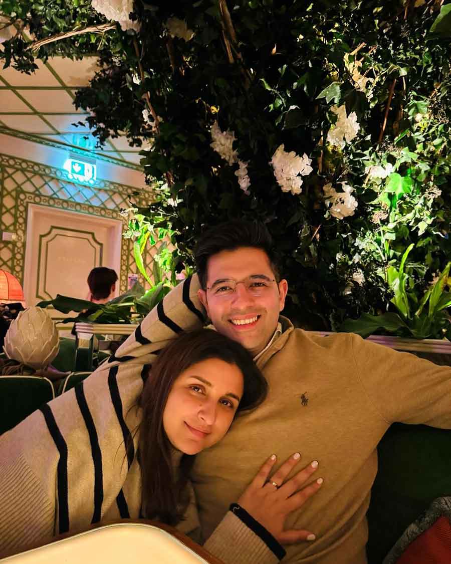 Parineeti and Raghav sported casual outfits for a cosy night at a cafe. 