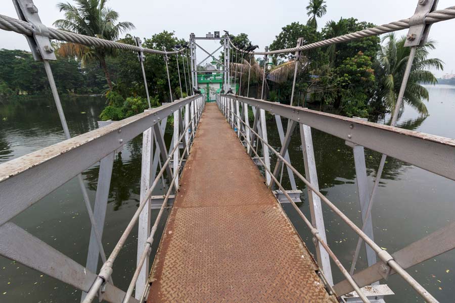 From the hanging Sarobar bridge: This bridge is technically inside the Rabindra Sarobar masjid area. Wide enough to permit two individuals to barely pass without brushing each other. Would be ideal to examine at the time of a tangerine sunrise with fish milling under for a pre-breakfast feed and ducks hovering in the vicinity. Ideal rendezvous for the romantic. If this had been Paris, miniature locks would have appeared around the bridge’s wires as a ‘minnat’ (vow) for wishes to be fulfilled; lovers would have proposed to each other in the middle; pre-nup videos would have been shot here. Might still  