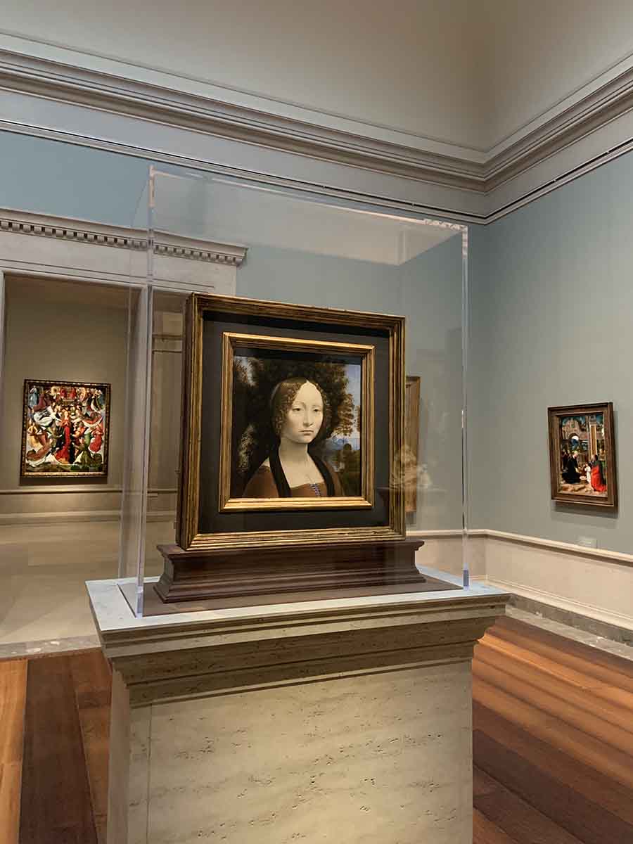 Ginevra de' Benci (1474/1478), the only Leonardo da Vinci painting on public display in the Americas, is also on display at the National Gallery of Art