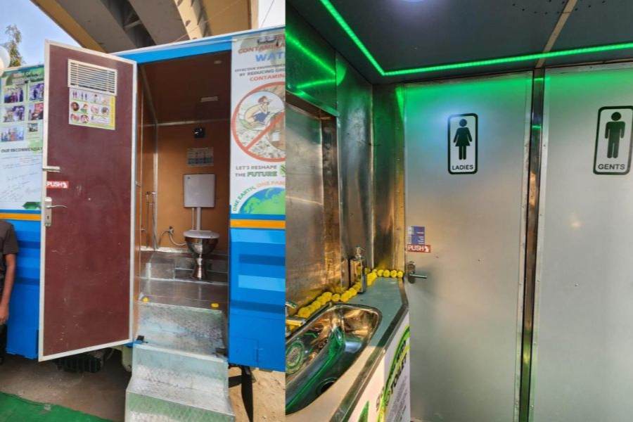 (Left) One of the mini-trucks with a door into the toilet ajar; (Right) The interiors of the truck, with cabins marked for “ladies” and “gents”