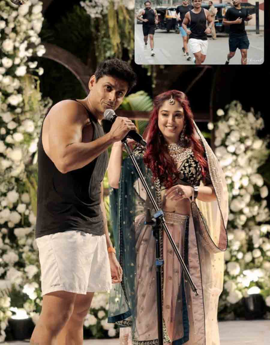 Sharing a picture of herself and Nupur from their wedding ceremony on her Instagram story, Ira wrote, “He didn’t come on a horse. He ran to the venue. And I placed cute posters along the way.” 