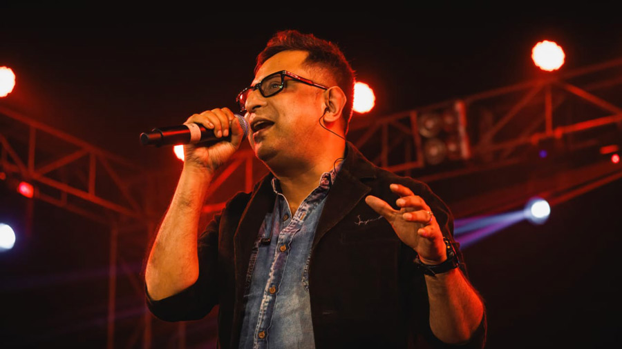 Singer Rupankar Bagchi performs at Jyotiprakash 2024, organised by Jyoti Sangha at the Jyoti Sangha Ground in Mollapara, Baghajatin Colony, on Saturday evening  