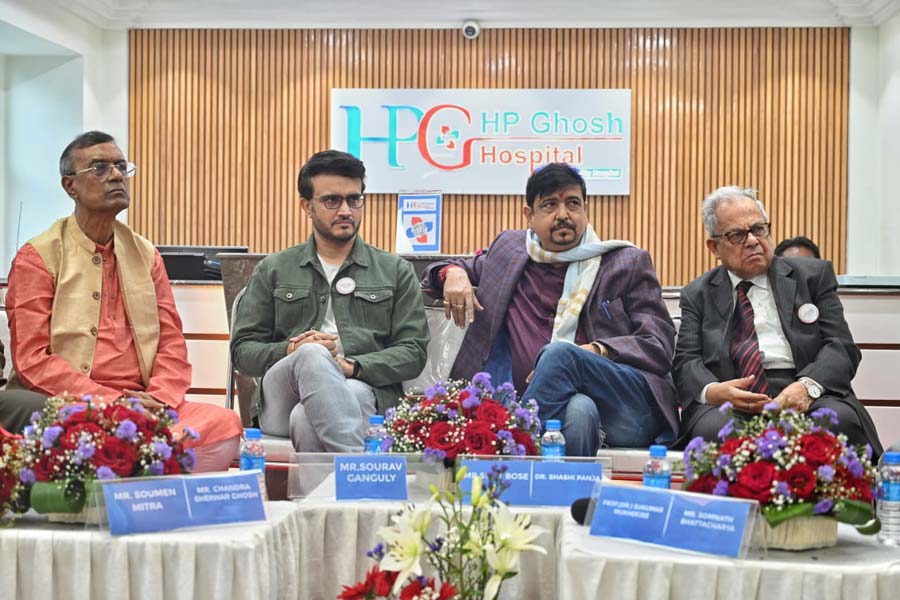 Cricketer Sourav Ganguly and minister of fire and emergency service Sujit Bose at the inauguration of HP Ghosh Hospital at Salt Lake on Sunday  
