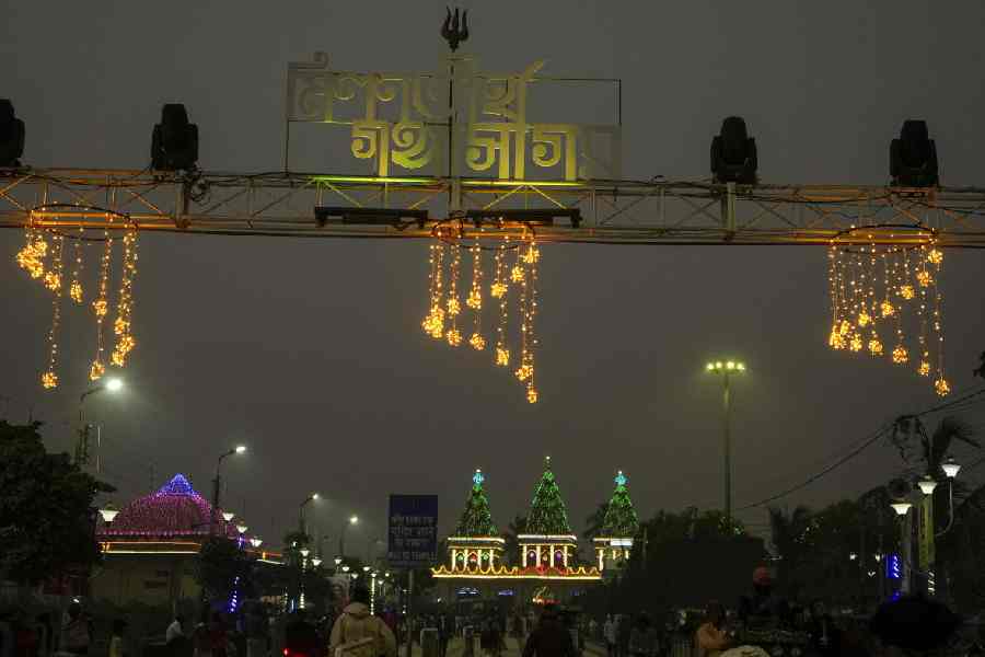 A road decorated with lights as part of preparations for the Gangasagar Mela 2024, at Sagar Island in South 24 Parganas district