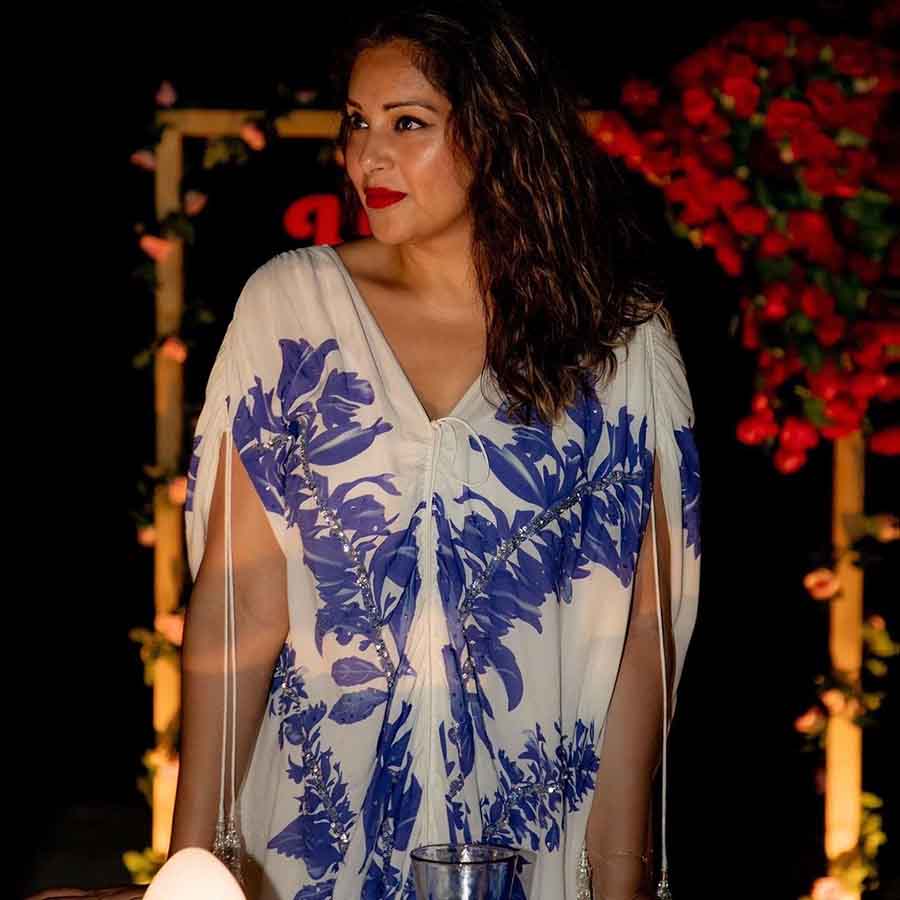Bipasha looked stunning in a blue-and-white kaftan dress on her birthday. 