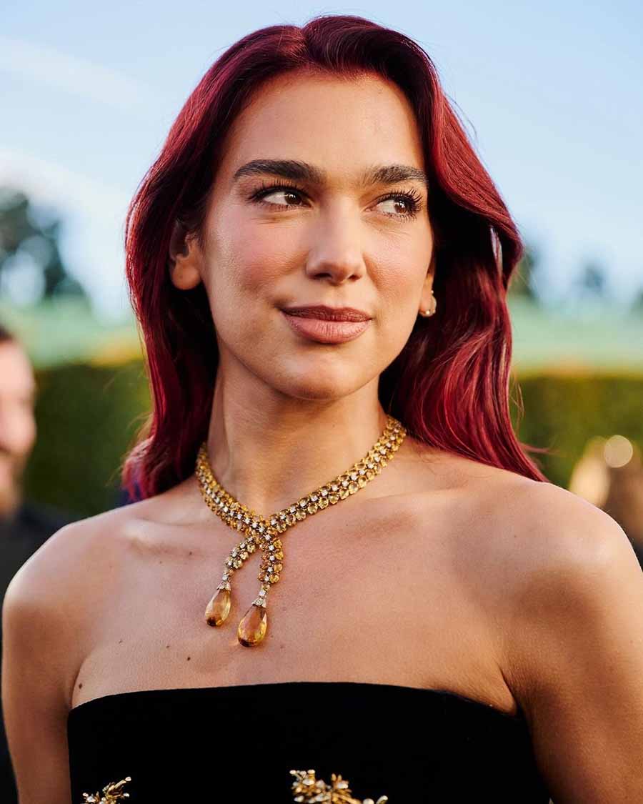 Singer Dua Lipa, who recently enjoyed a family vacation in India, paired her black dress with a golden-and-silver statement necklace. 