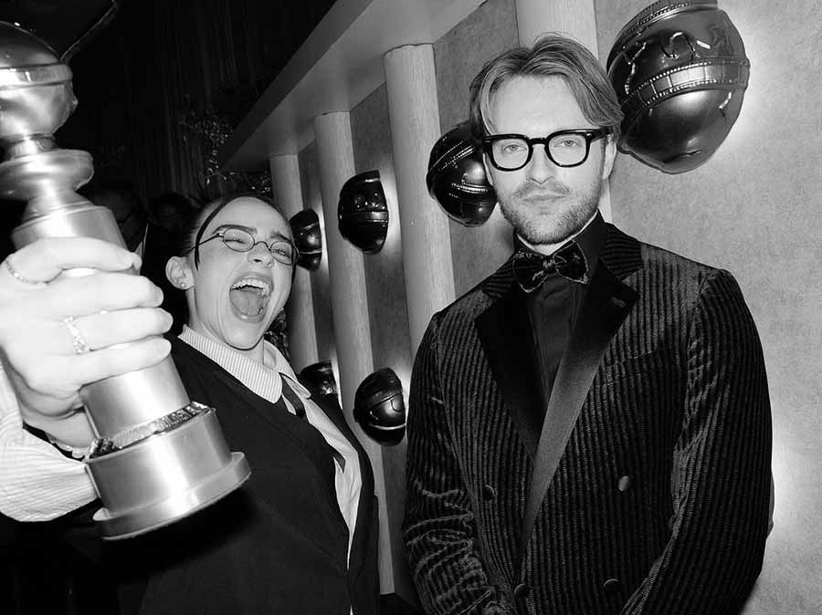 Billie Eilish and her brother Finneas Baird O'Connell couldn’t contain their joy as they posed with their award for the best original song for the Barbie track What Was I Made For. 