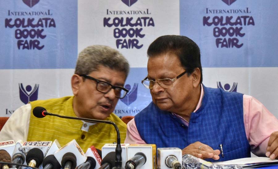 Publishers and Booksellers Guild president Tridib Chatterjee and Sudhangshu Sekhar Dey of Dey’s Publishing announce details of the 47th International Kolkata Book Fair at a news meet on Monday. The United Kingdom will be this year’s focus theme country and the fair will be held from January 18 to 31 