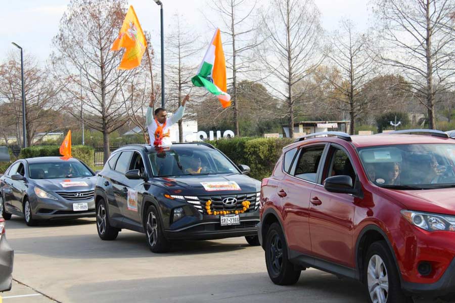 Members of the Hindu American community during a religious procession in view of the consecration ceremony of the Ram temple in Ayodhya, in Houston.