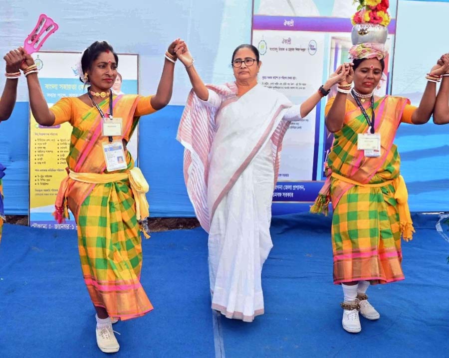 Chief minister Mamata Banerjee participated in a tribal dance at Joynagar in South 24 Parganas on Tuesday