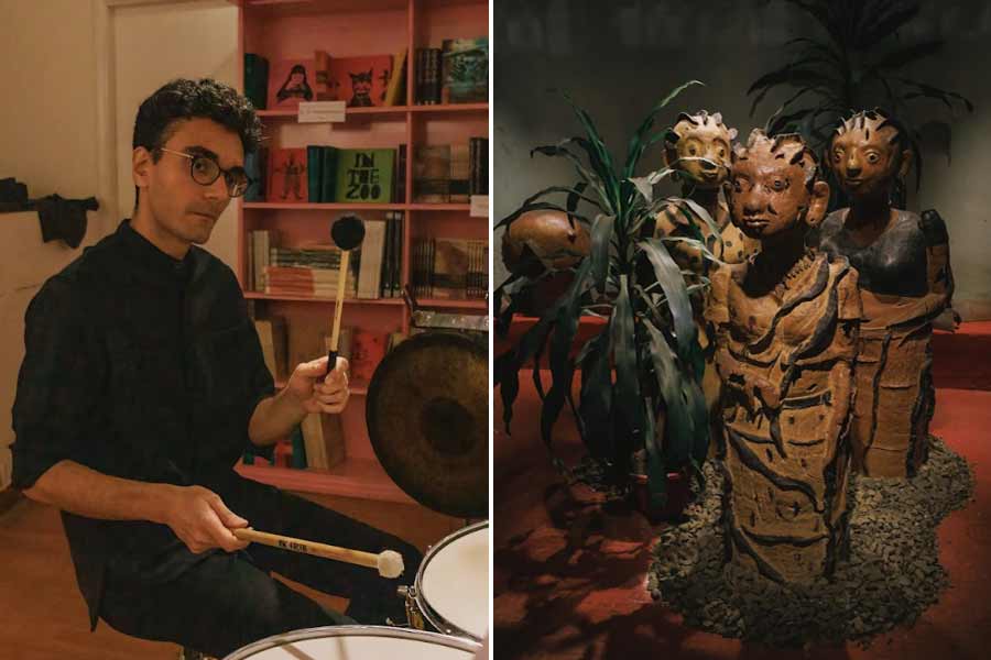 (L to R) Jivraj Singh performing at Seagull Books in Kolkata, G. Reghu’s sculptures exhibited at the popular book hub of the city