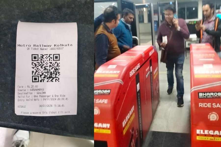 A passenger all set to use his paper-based QR code ticket at Karunamoyee Metro station. (Left) A ticket generated on the first day of the new system