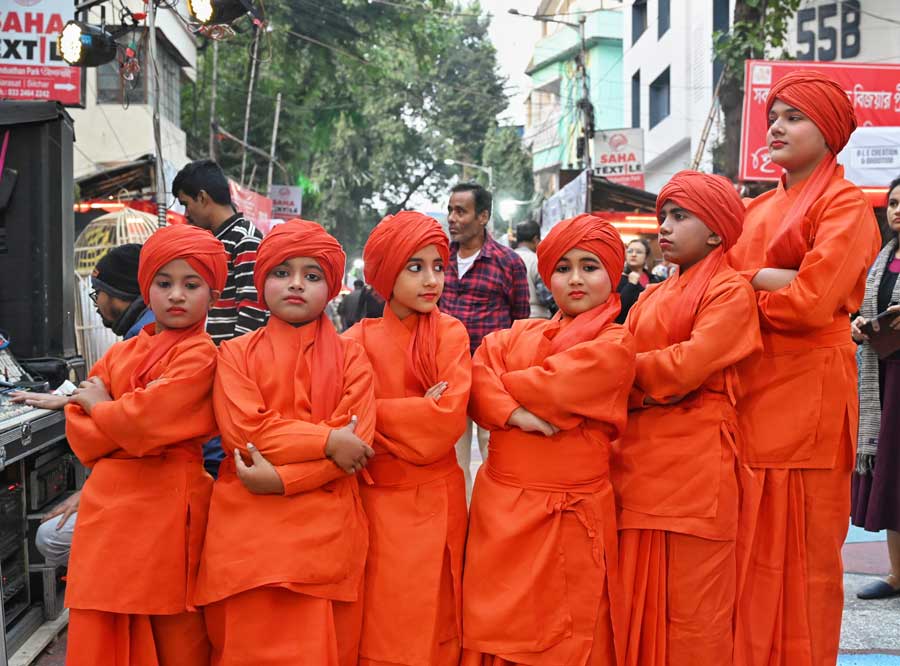 Children dressed up as Swami Vivekananda at a winter festival in Hindustan Park near Gariahat on Friday