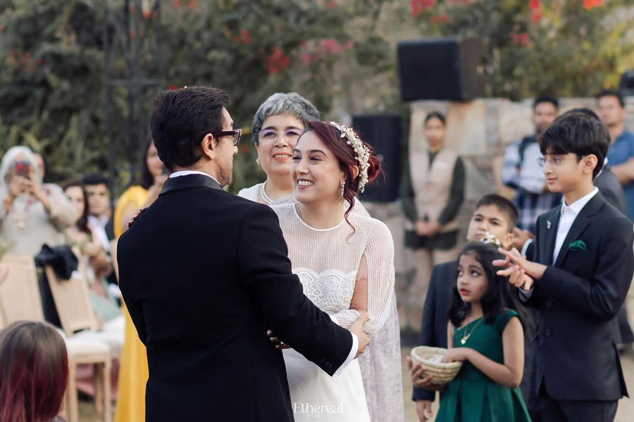 Sharing a picture capturing a candid moment between the bride and her father Aamir, Ira’s mother Reena wrote, “I always have your back, my baby girl.” 