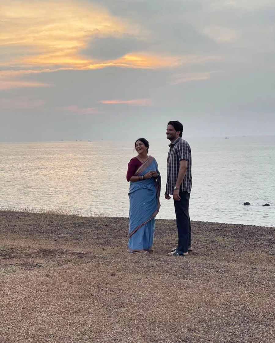 Shefali and Jaideep during the shoot on the beach. “We never trespassed the world of ‘Three of Us’. But we created some memories of our own. Finally all merging one into another. Not knowing now what is more real,” she wrote.