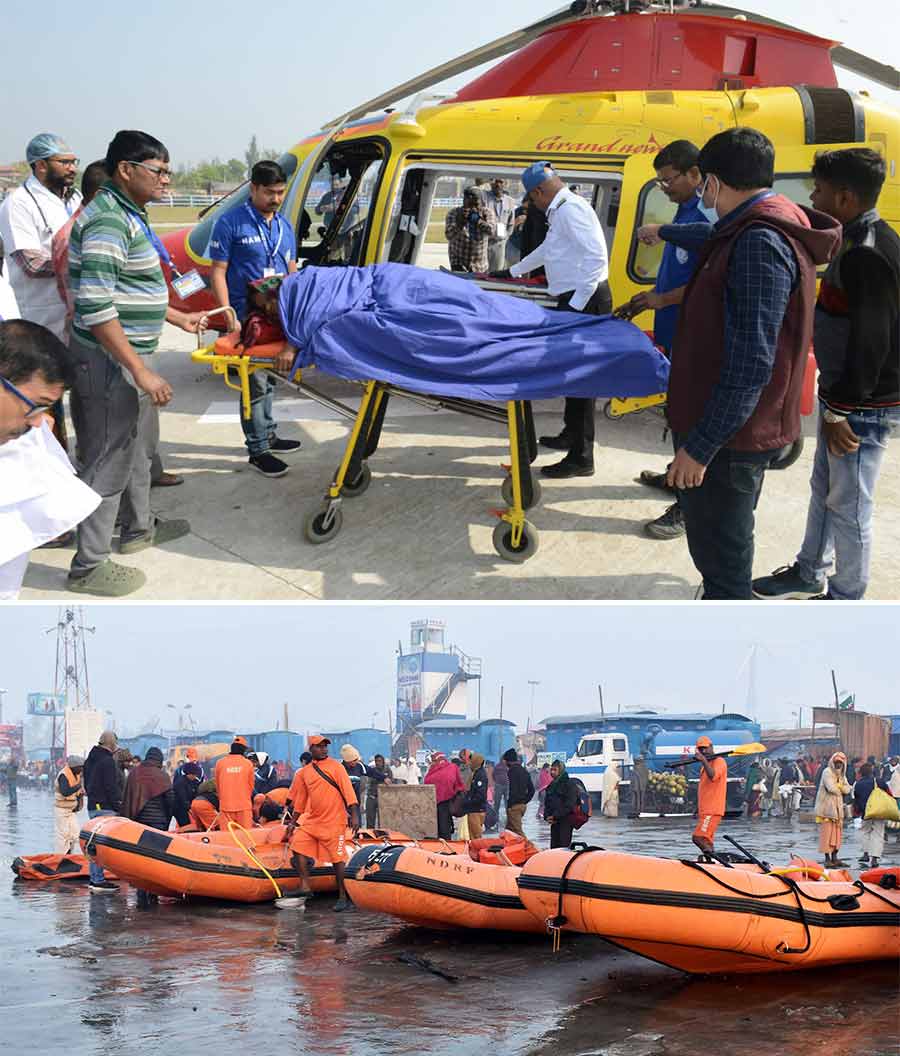 Water and air rescue teams for pilgrims at Ganga Sagar Island on Saturday