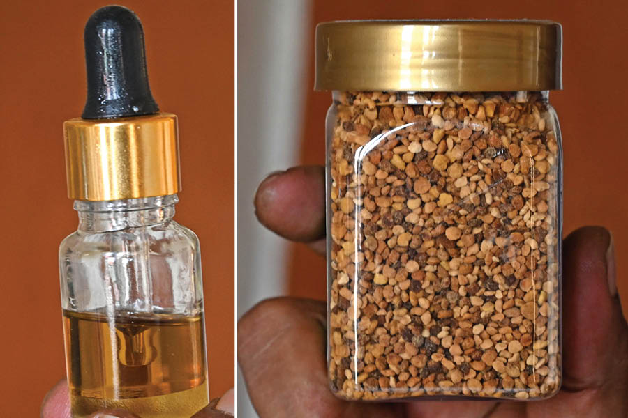 Serum made out of honey and (right) pollens are a high source of bioprotein