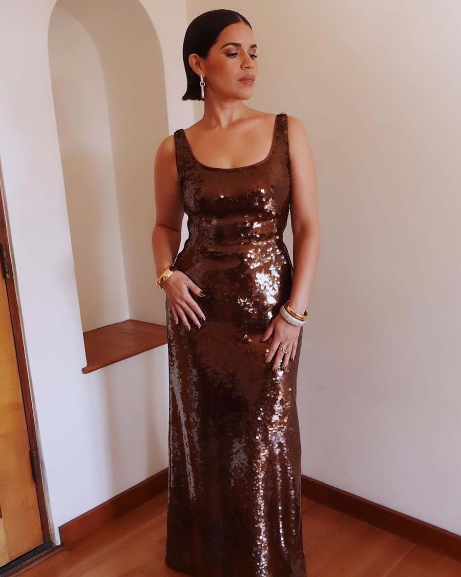 The Ugly Betty star America Ferrera, who won her eighth SeeHer Award at the 29th annual Critics Choice Awards on Sunday, donned a shimmering brown dress on the occasion.  