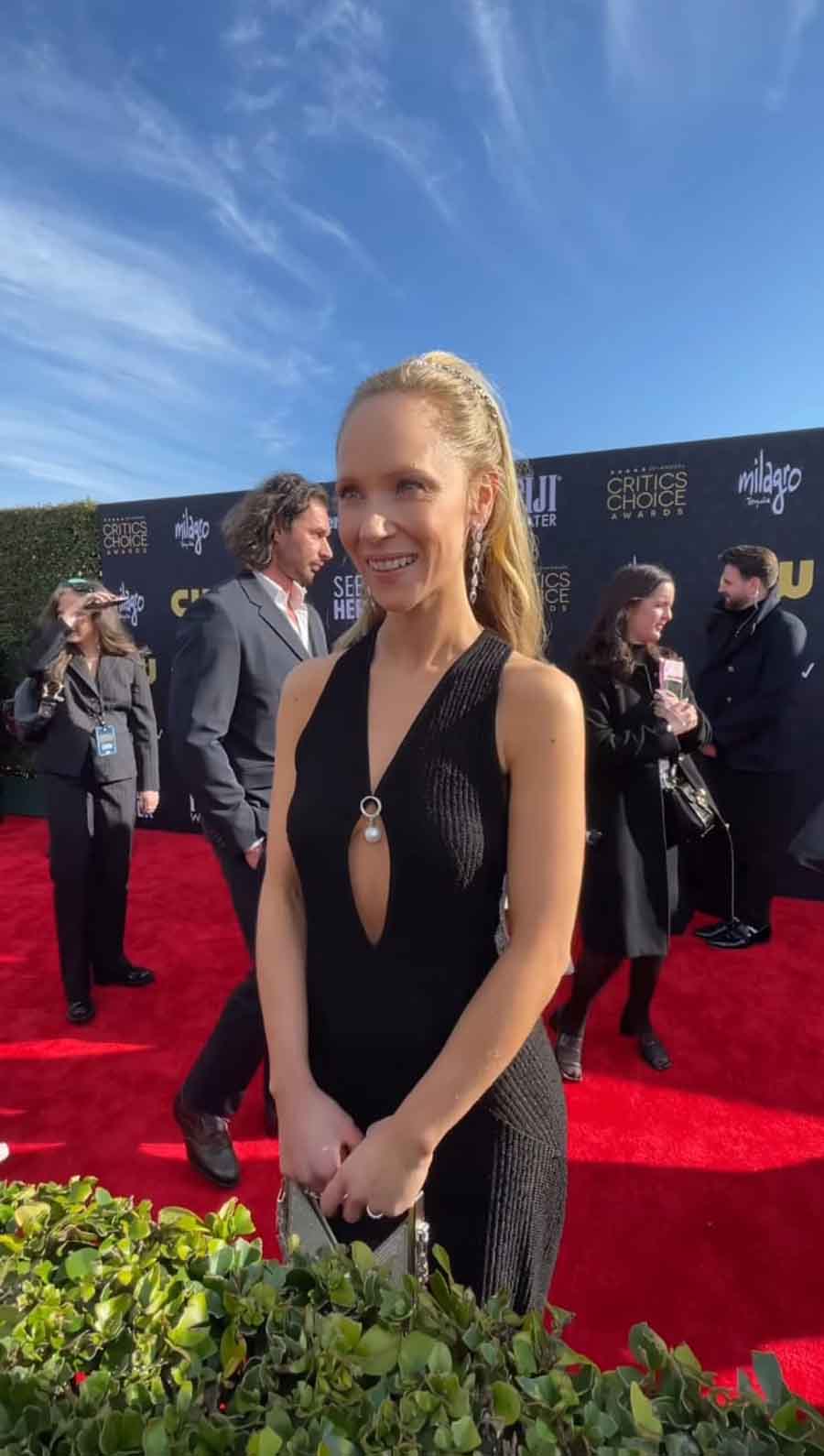 Juno Temple, nominated for her performance in the television series Fargo, rocked a semi-sheer sleeveless black gown on the red carpet.  