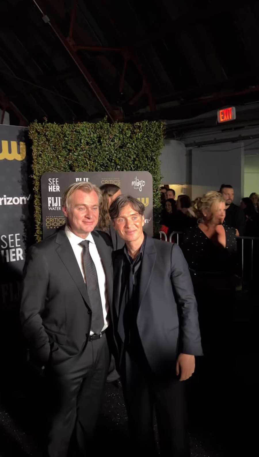 Chirstopher Nolan and Cillian Murphy looked dapper in black as they posed for a photograph, celebrating Oppenheimer’s Best Picture and Best Director wins. 