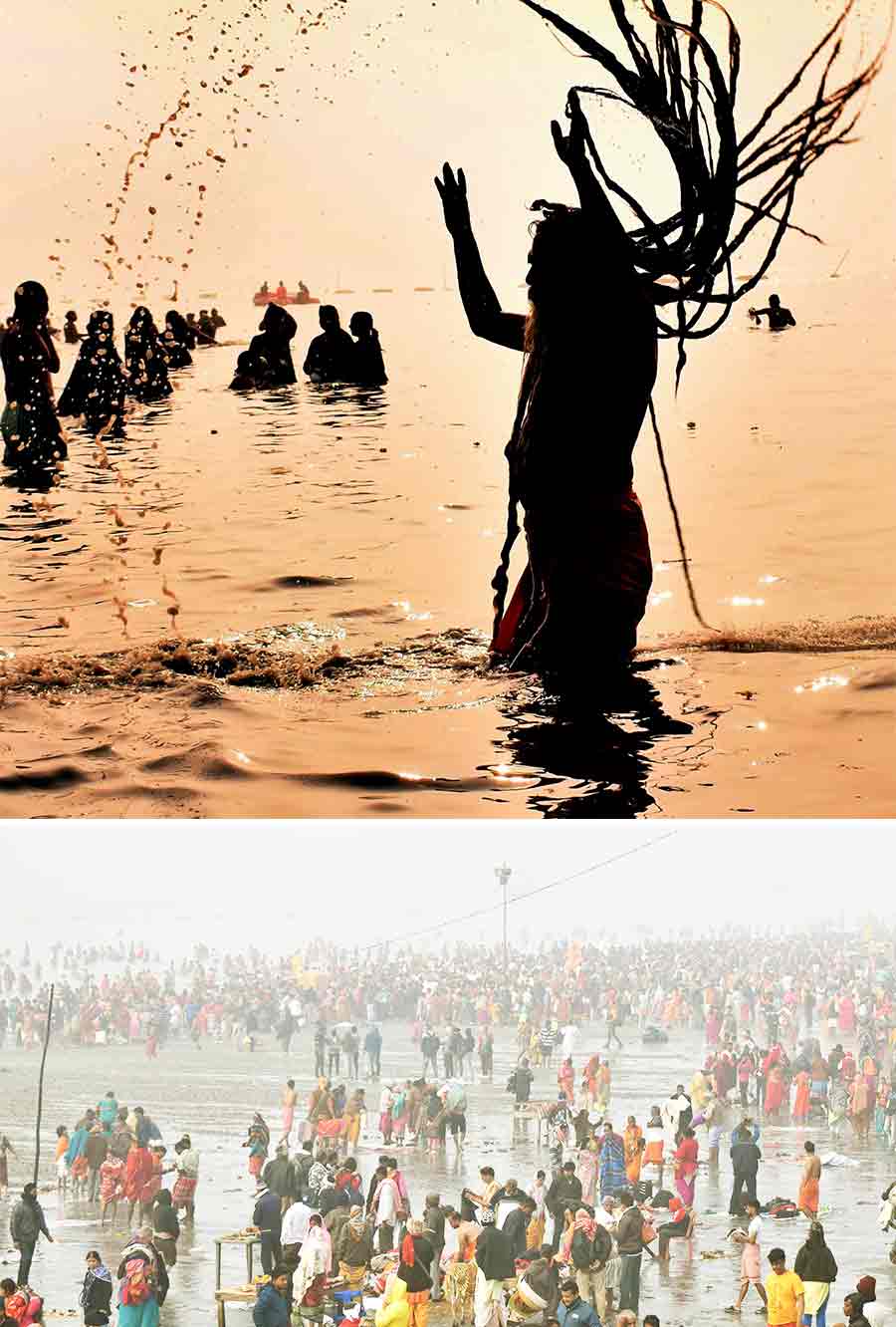 Devotees take a dip at Gangasagar Island on the occasion of Makar Sankranti on Monday  