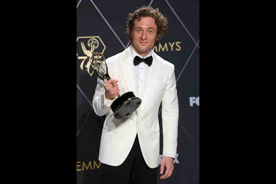 Jeremy Allen White with his Emmy for Outstanding Lead Actor in a Comedy Series for The Bear