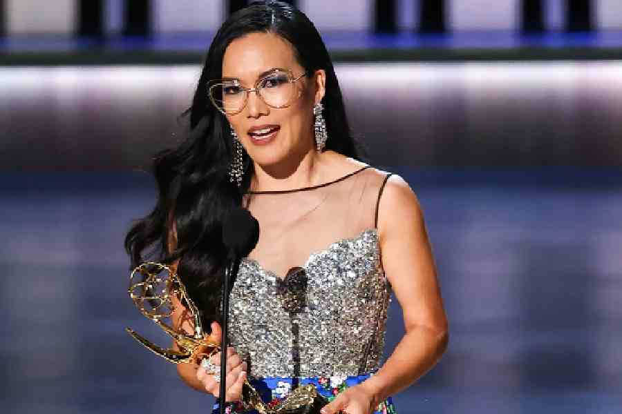 Ali Wong with her trophy for Outstanding Lead Actress in a Limited or Anthology Series or Movie for Beef